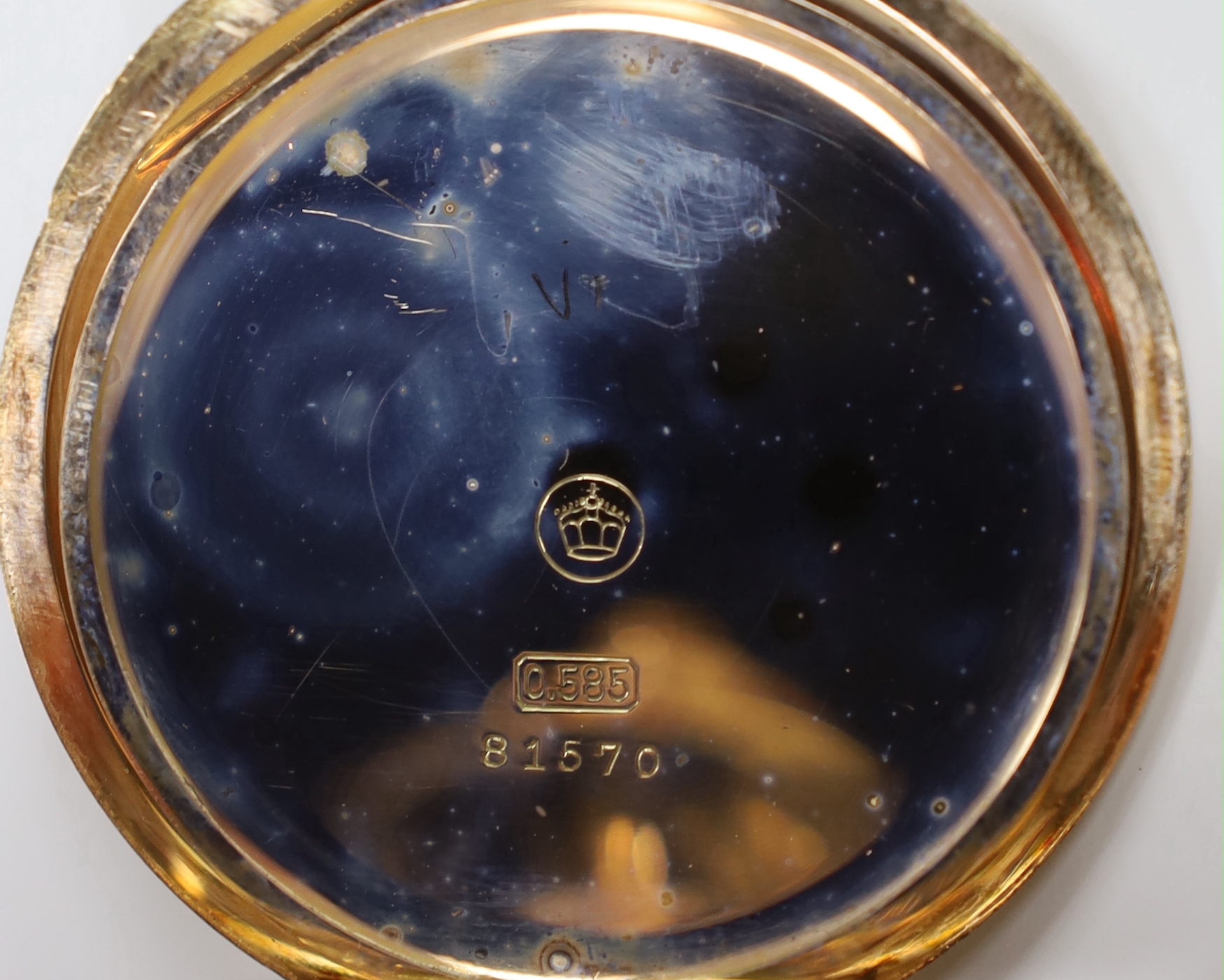 A Swiss 14k keyless hunter pocket watch by A. Lange & Sohne, with Arabic dial and subsidiary seconds, case diameter 52mm, gross weight 84 grams, with box.